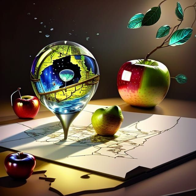 Glass Fruit Sculpture and Treasure Map in Digital Art