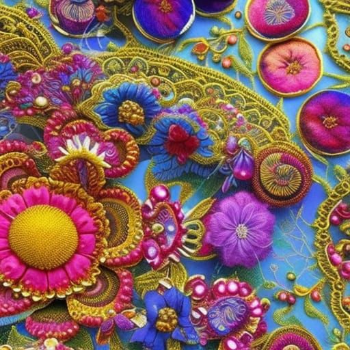 Fairy in Space with Embroidered Flowers, Surreal Art