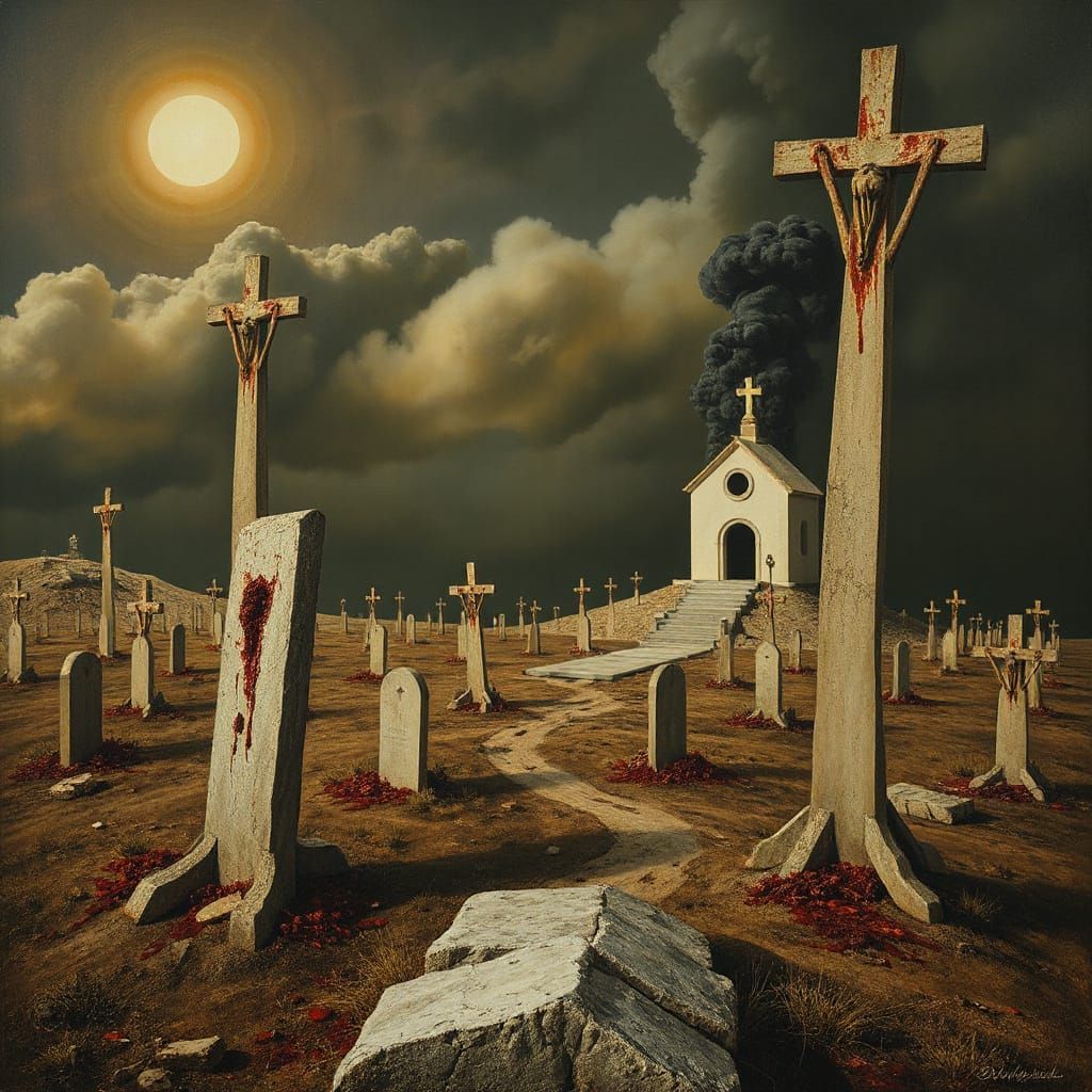 Cubist War Landscape with Surreal Symbols