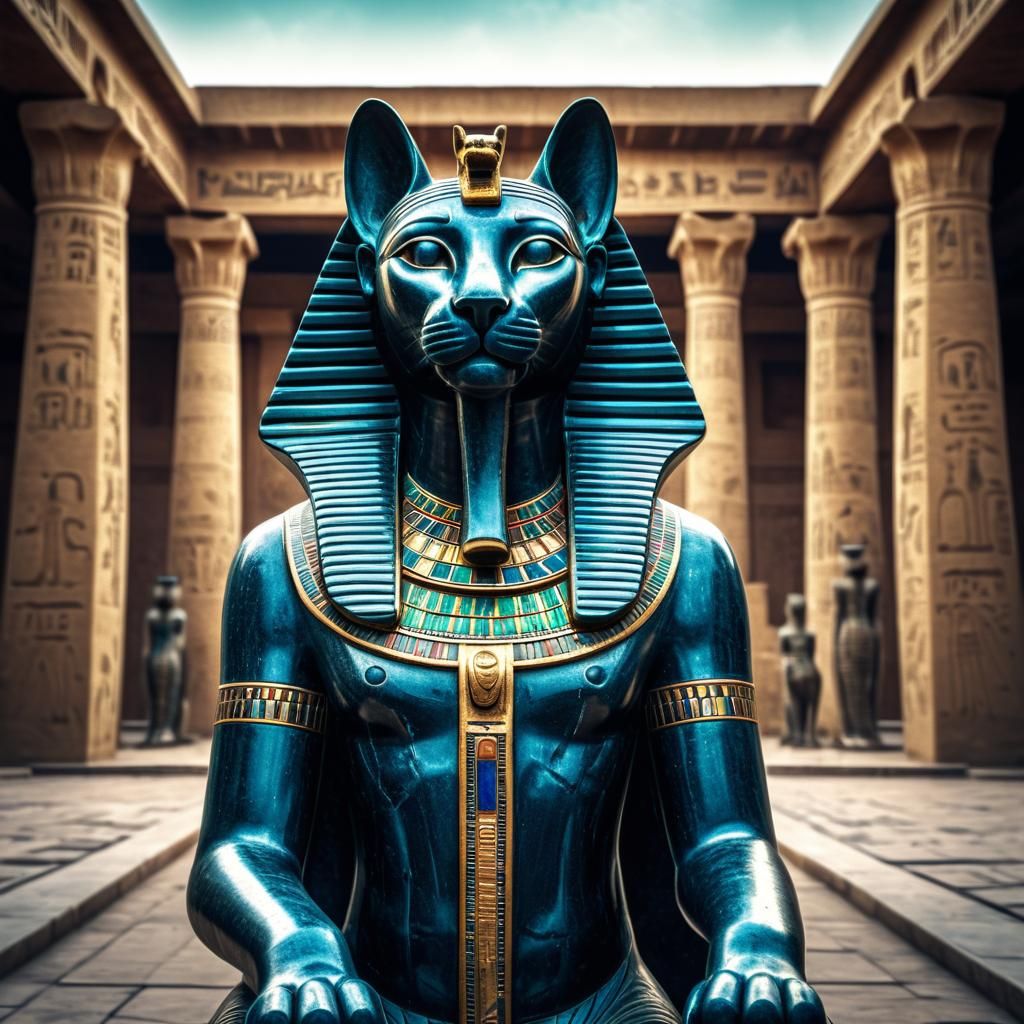 Hyperrealistic Statue of Bastet Outside Egyptian Palace