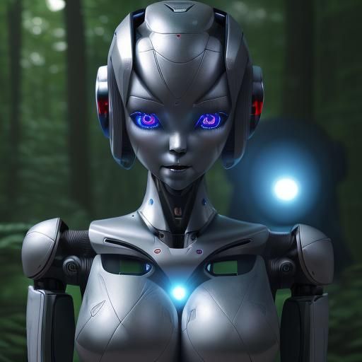 Futuristic Robot Woman with Laser Eyes in Forest