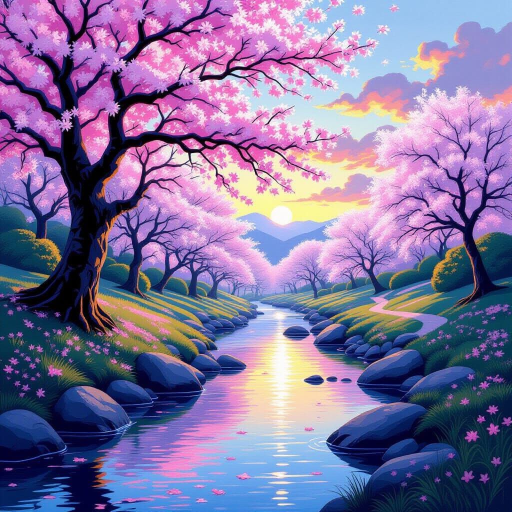 Twilight Cherry Blossoms: Surreal Oil Painting Landscape