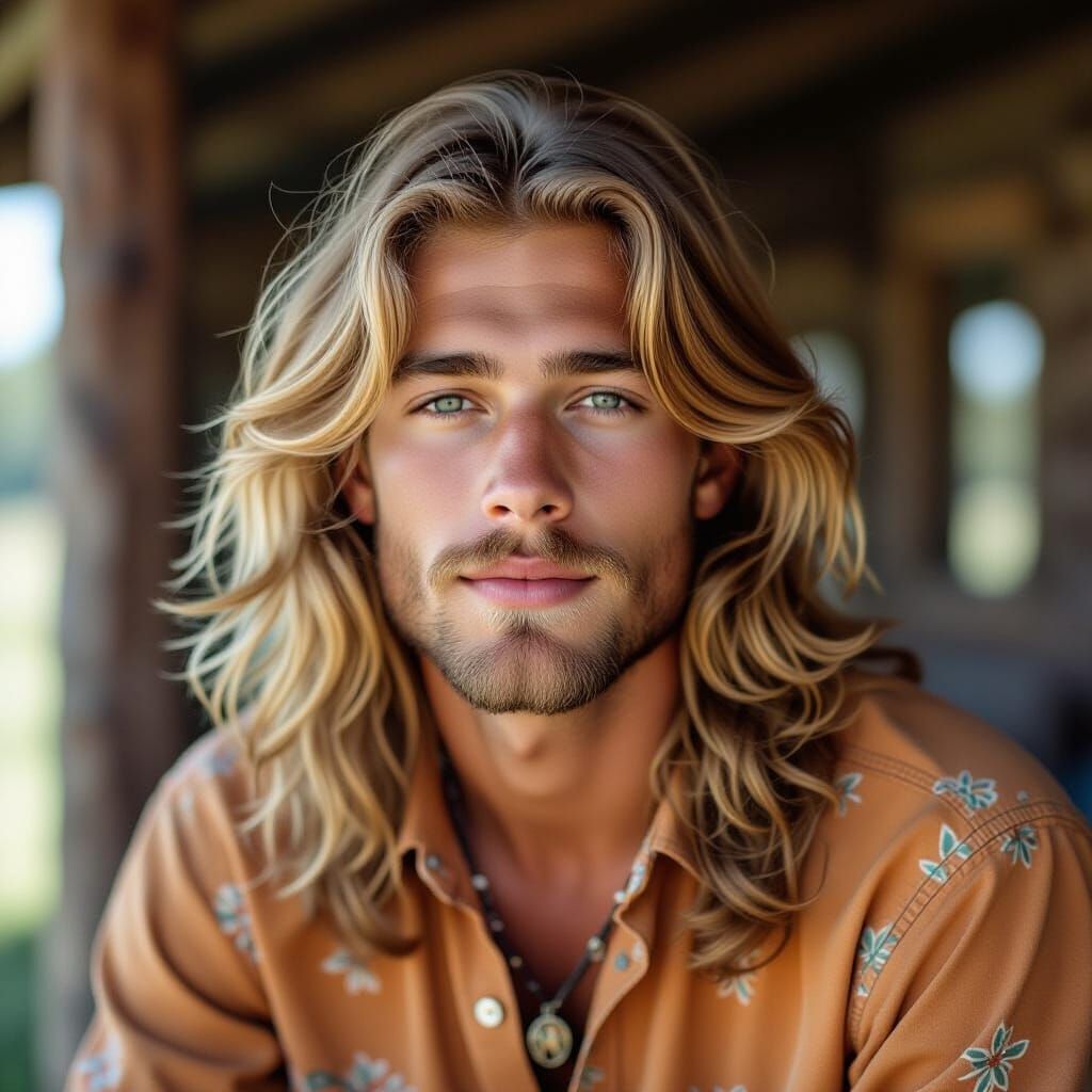 Young Blonde Hippie Boy in 1960s Style