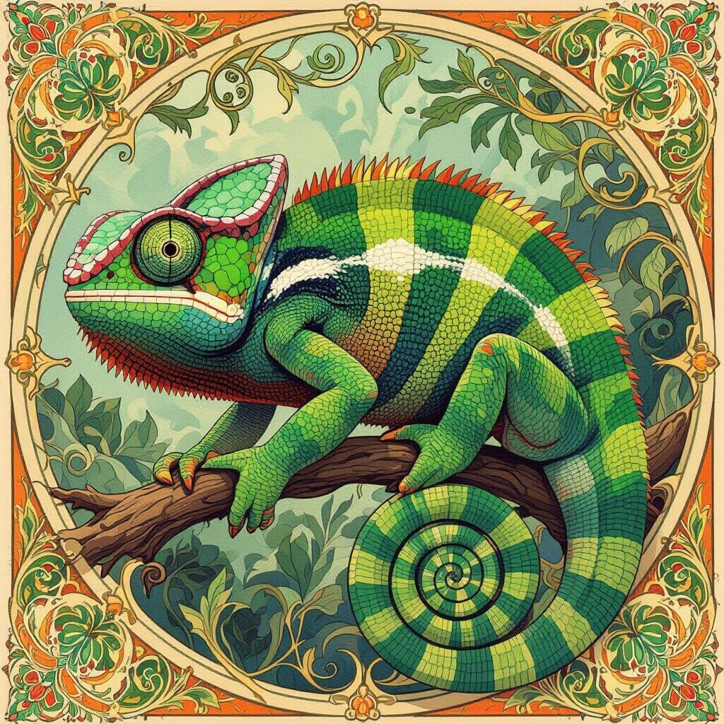 Hyper-Maximalist Line Art Chameleon Form