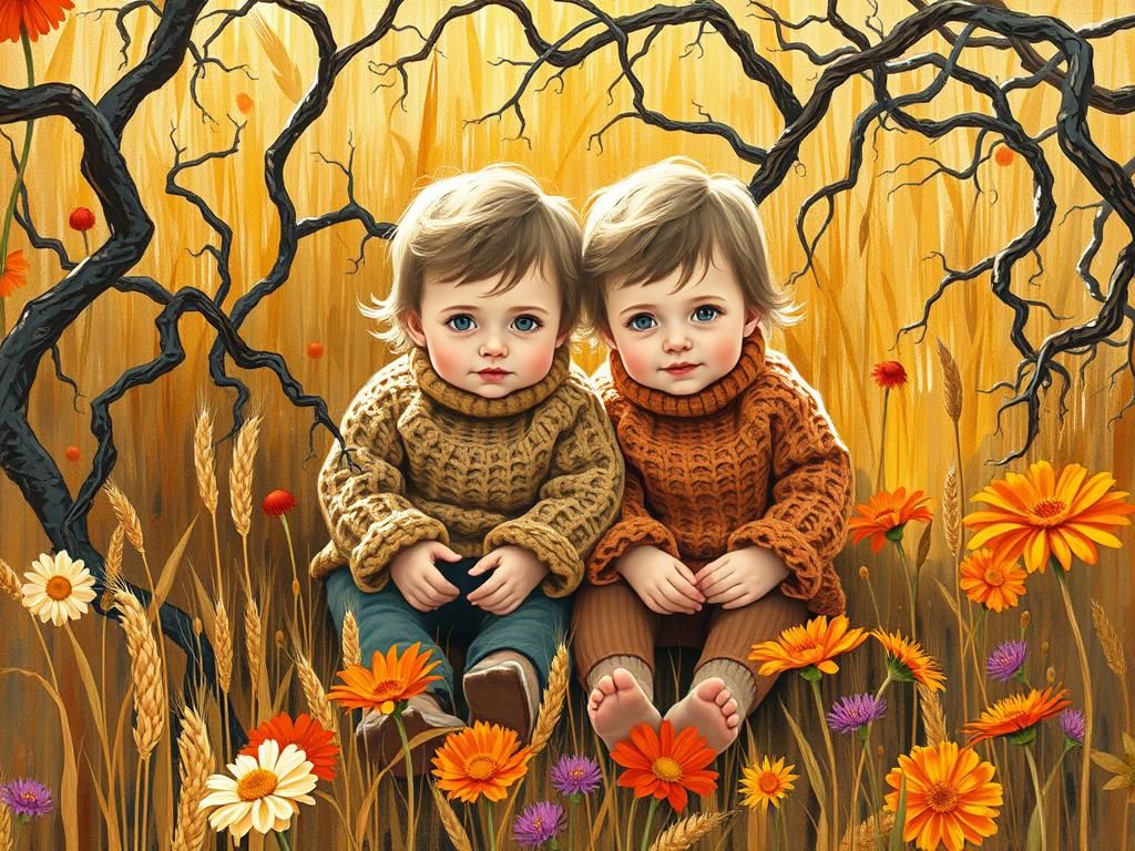 Toddler Twins in Autumn Meadow, Art Brut Style