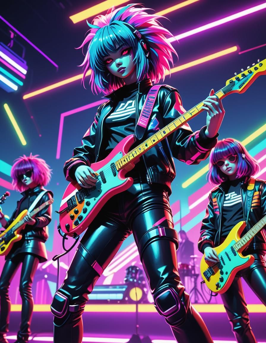Synthwave Anime Alien Band Performance in Neon