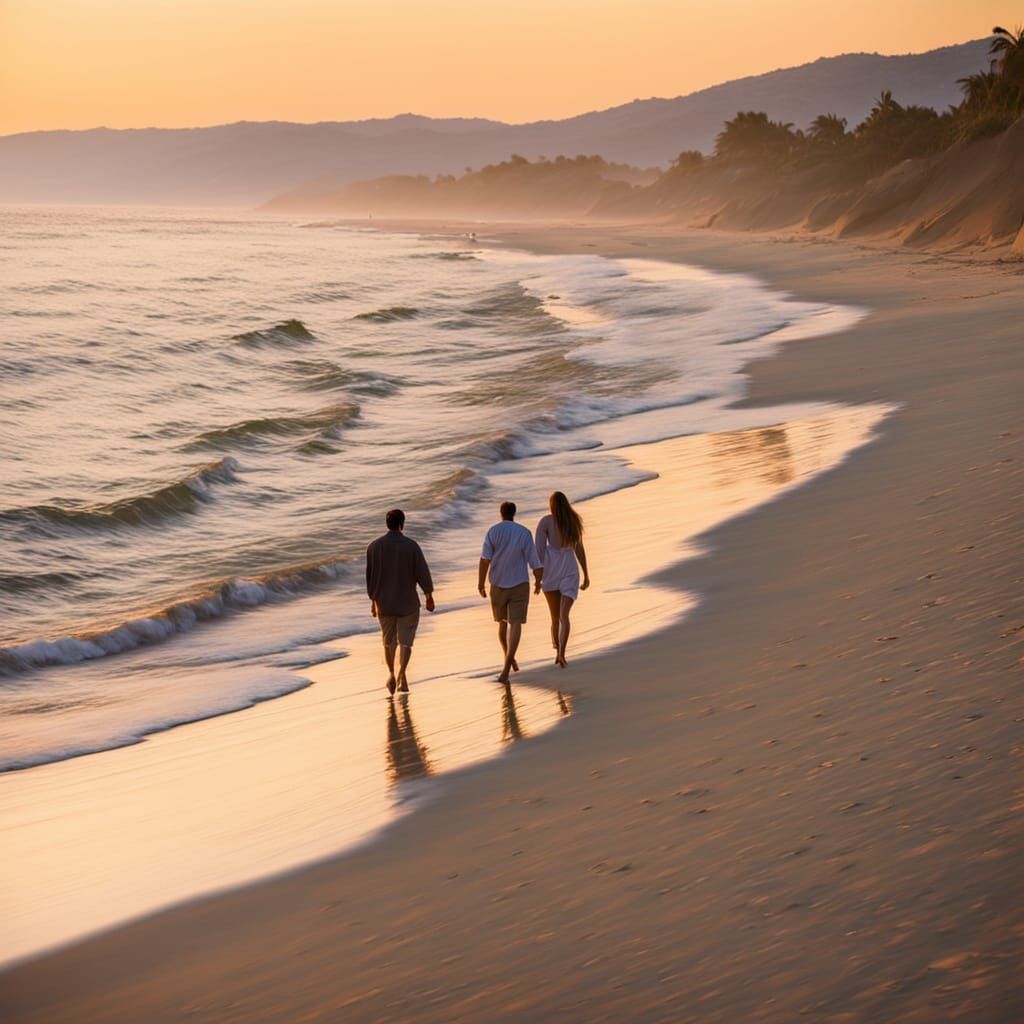 Lovers Stroll on Beach in Impressionistic Style