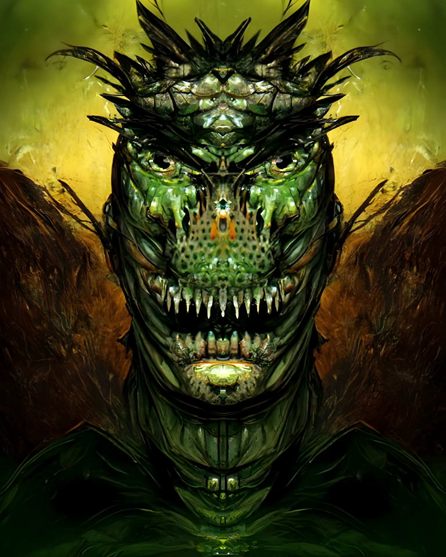 Sinister Crocodile Man Hybrid with Orange Eyes
