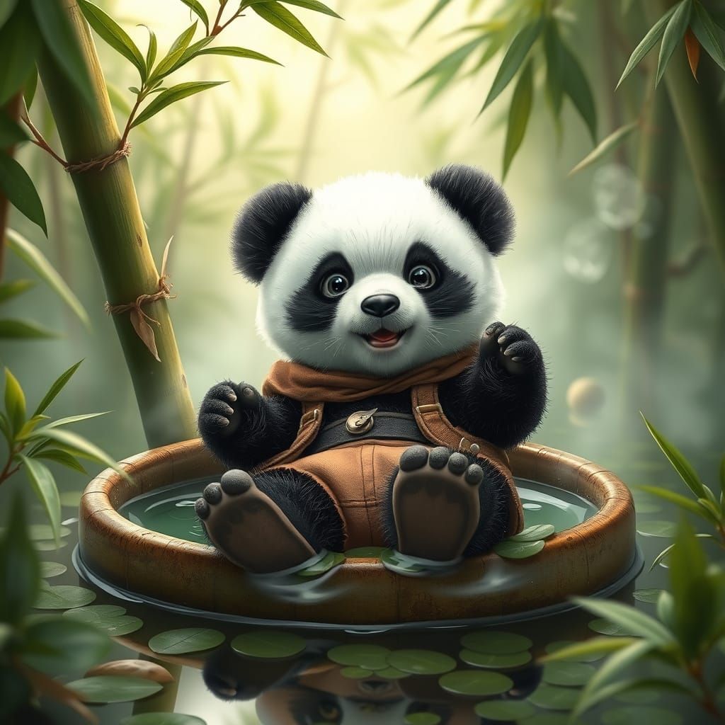Panda's Tea Slide: Hyperrealistic Bamboo Art