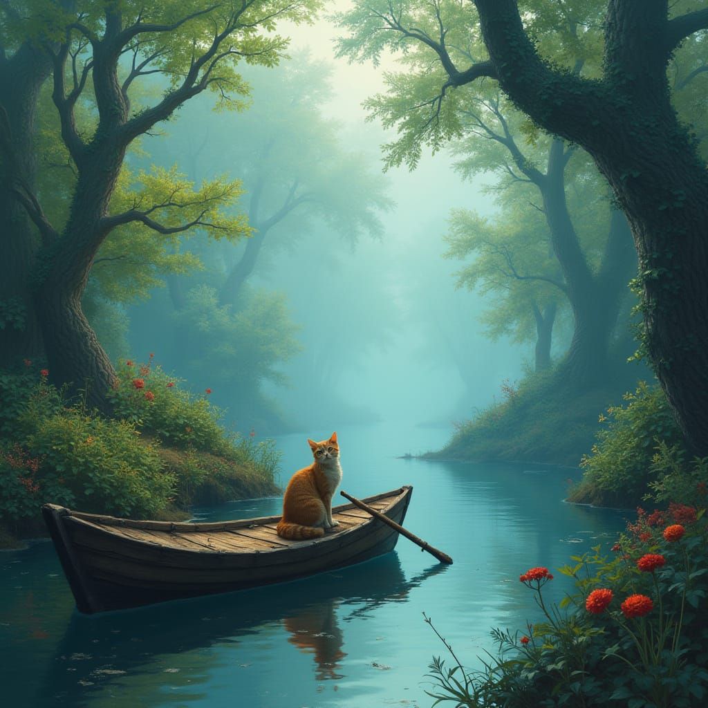 Misty Waterfront Scene with Magical Foliage and Cat