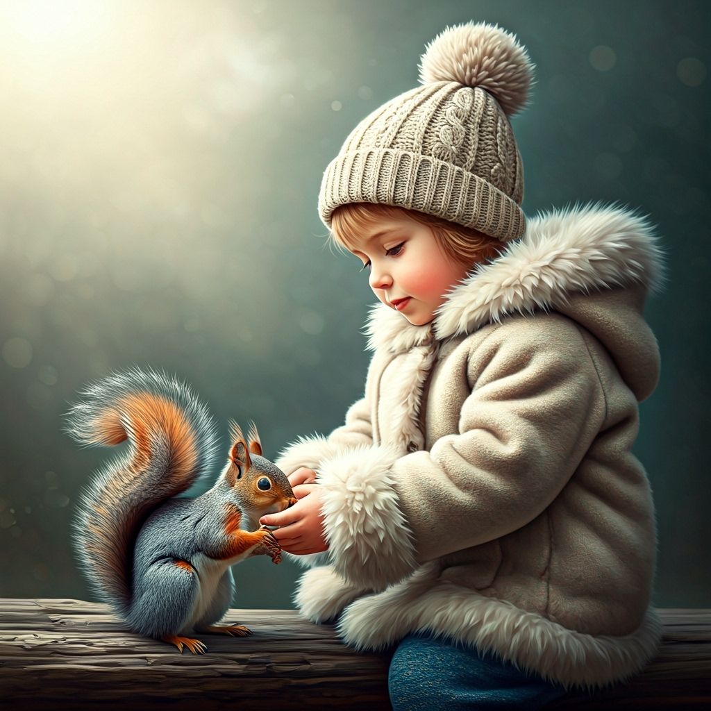 Child and Squirrel: Impressionist-Style Outdoor Scene
