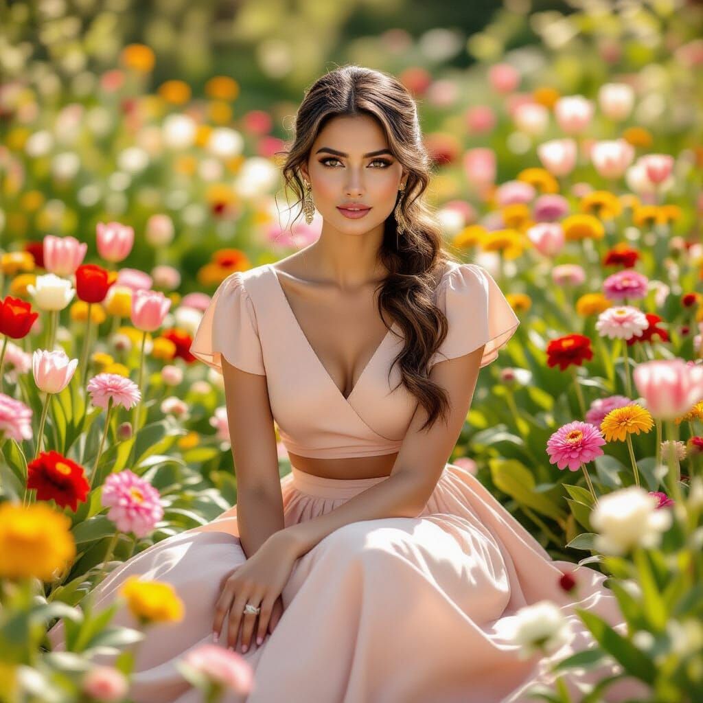 Indian Model in Vibrant Flower Garden Portrait