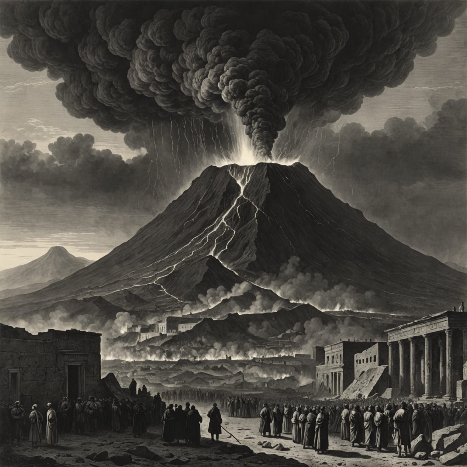 Vesuvius Eruption in Pompeii: Historical Wood Engraving