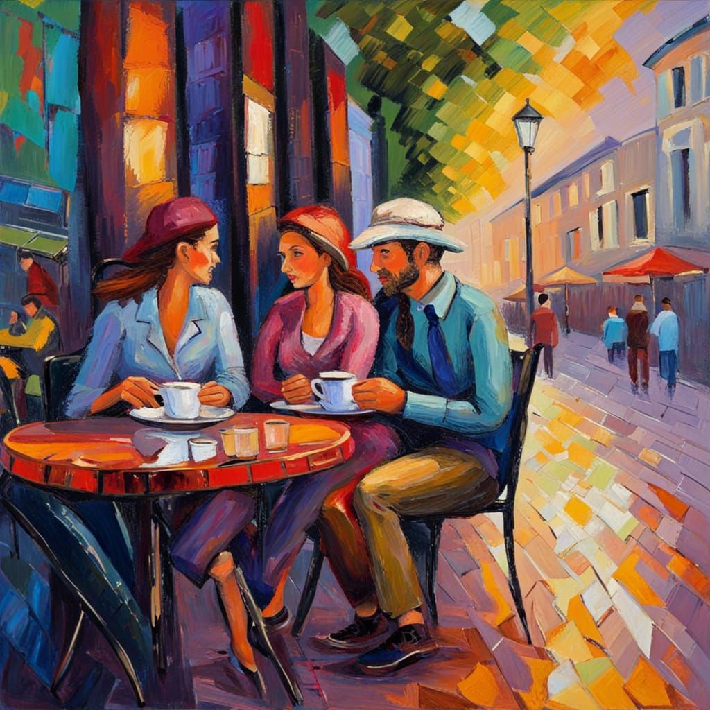 Estranged Couple at Cafe: Expressionist Oil Painting