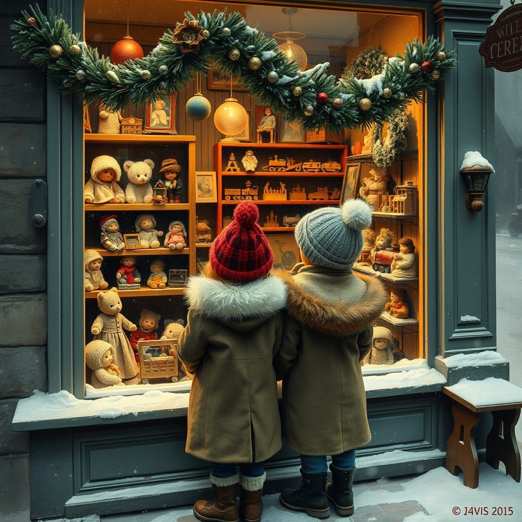 Children Gaze at Christmas Toys in Nostalgic Style