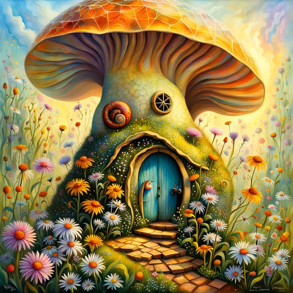 Whimsical Fairy House with Gnome in Sunlight