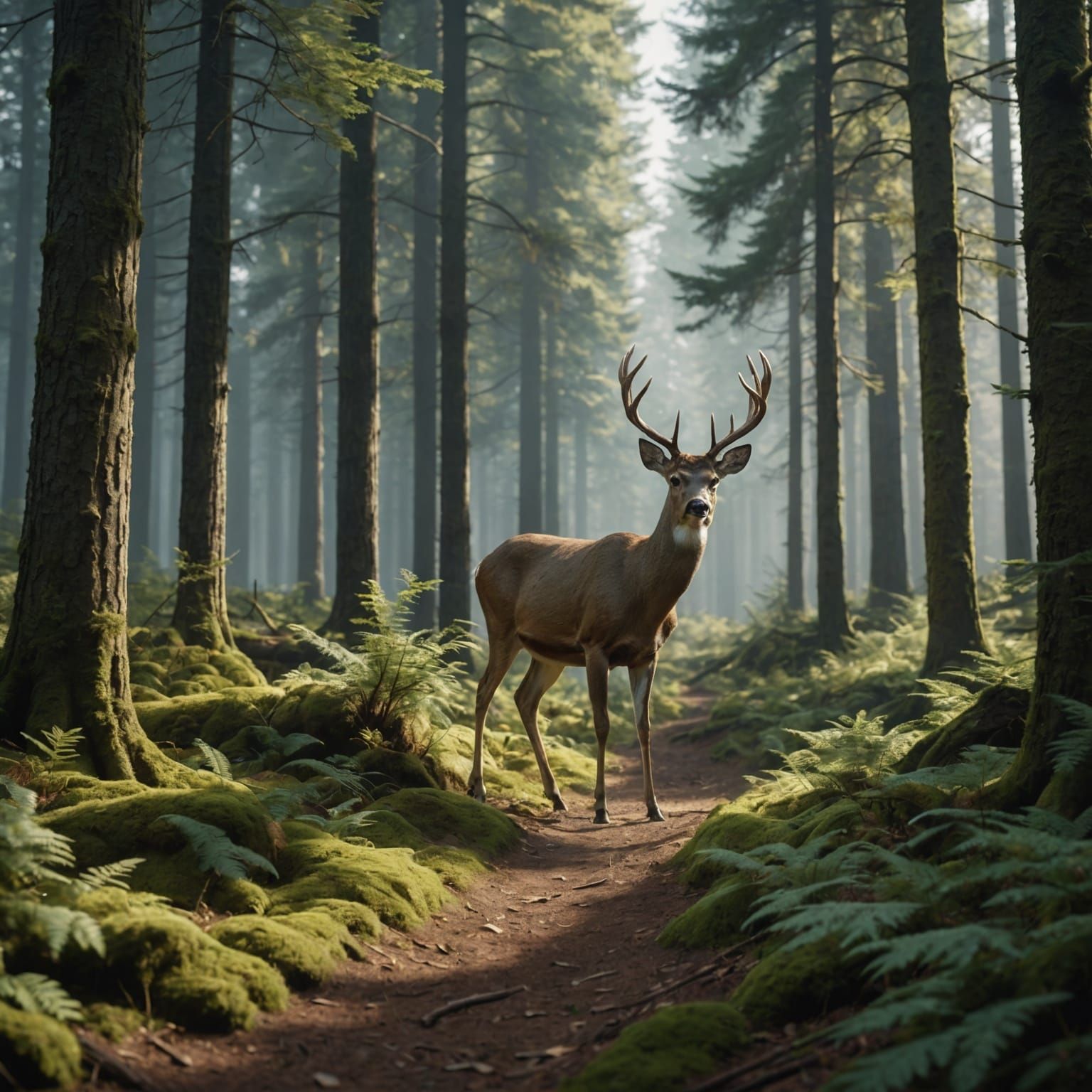 White-Tailed Deer in Temperate Forest: Matte Painting