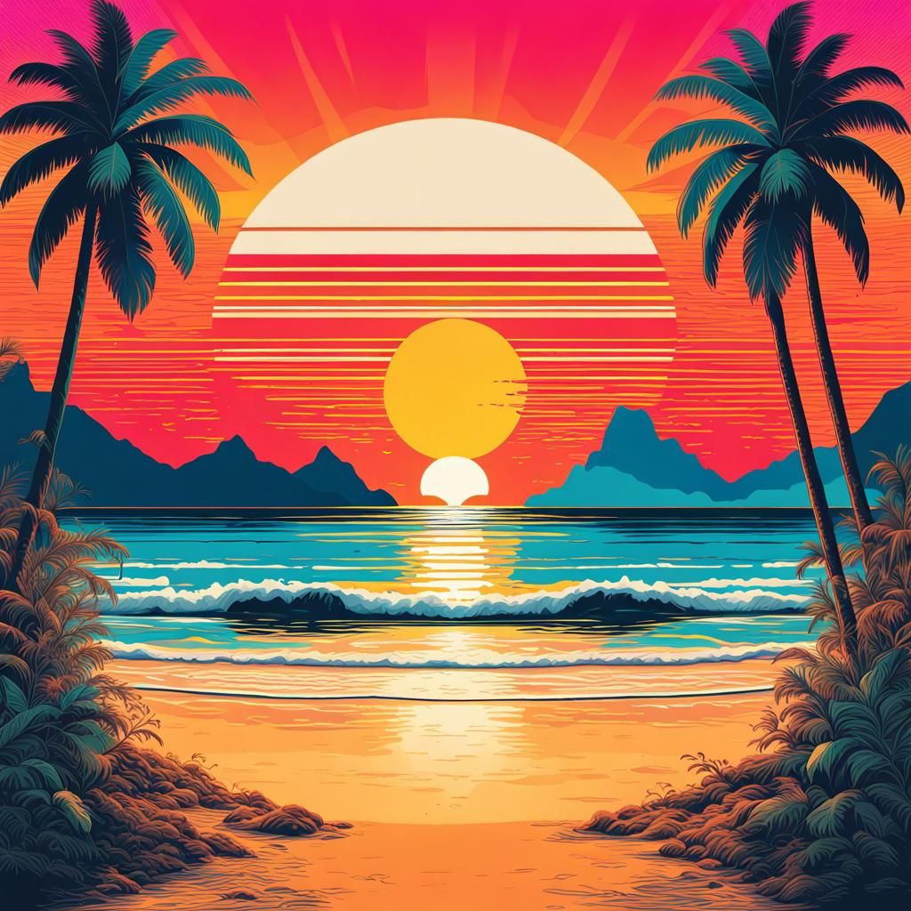 Tropical Beach Sunset in Pop Art Style