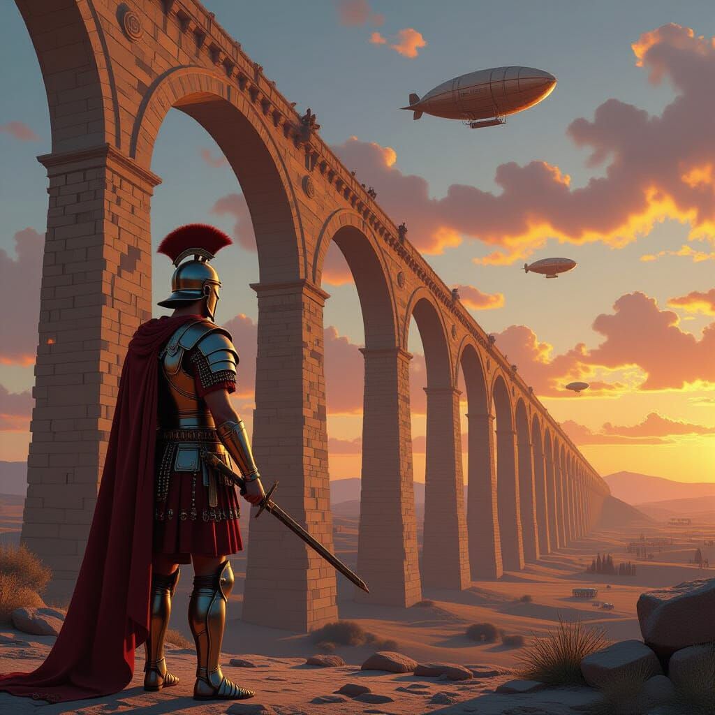 Roman Centurion Guards Art Nouveau Aqueduct with Dirigibles
