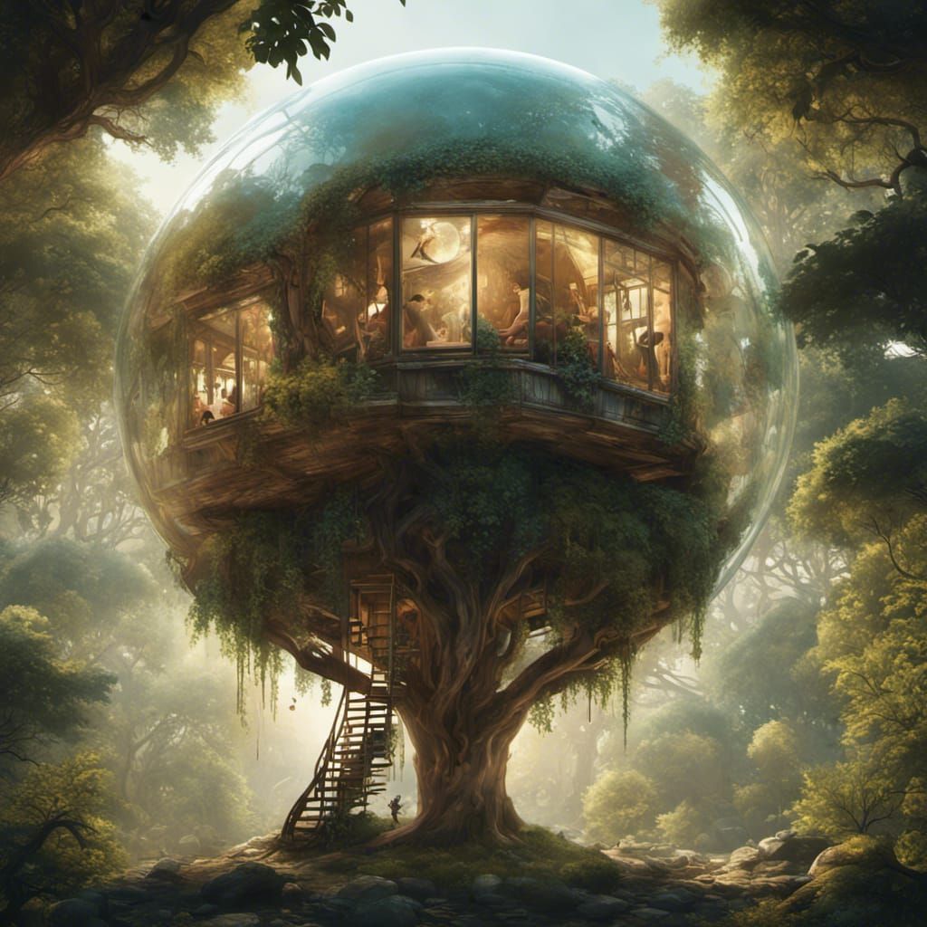 Treehouse in Glass Sphere: Detailed CGI Diorama