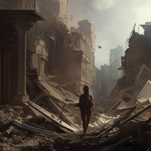 Child Searches Rubble in Dark Fantasy Art Style