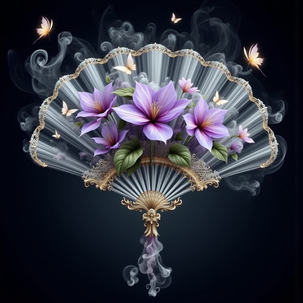 Ethereal Crystal Fan with Bioluminescent Butterflies