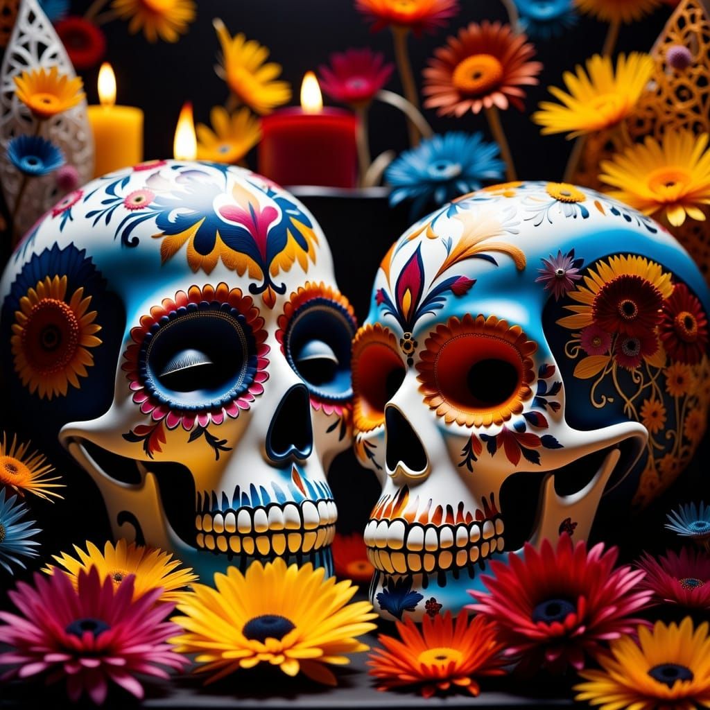 Intricate Sugar Skull Couple in Folk Art Style