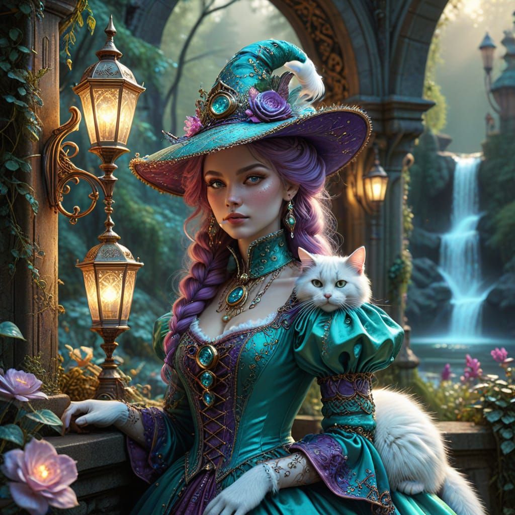 The Good Witches of Olde Towne, with long white witches braid and pointy corkscrew hats ..