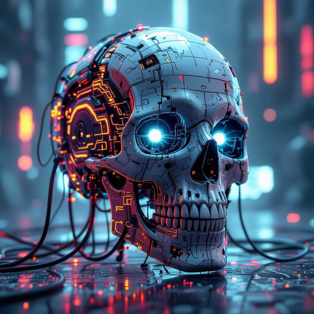Cyberpunk Skull with Glowing Neon Circuits