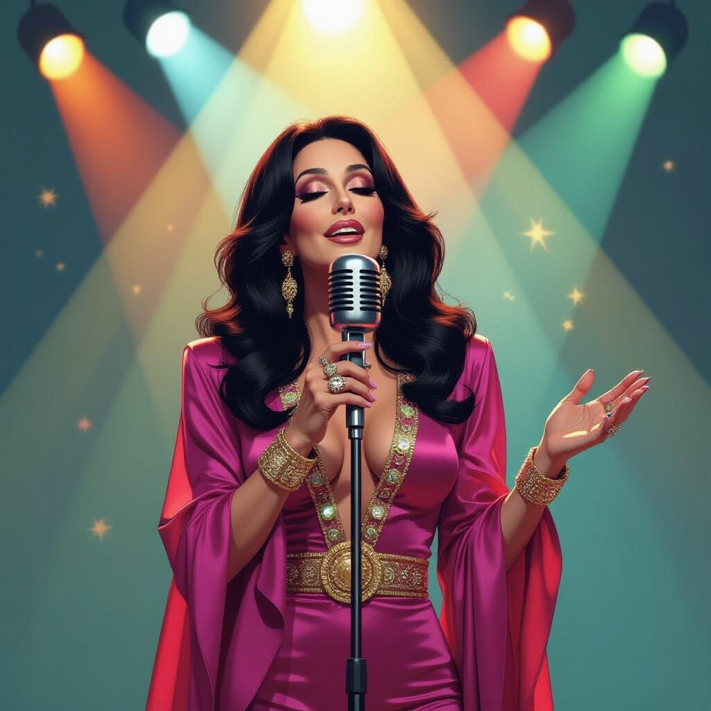 Cher in 1970s Glamour, Retro Stage Aesthetic