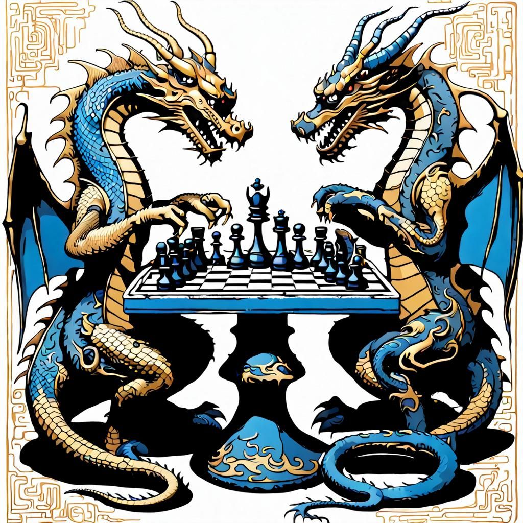 Dragons Playing Chess in Asian Folk Art Style