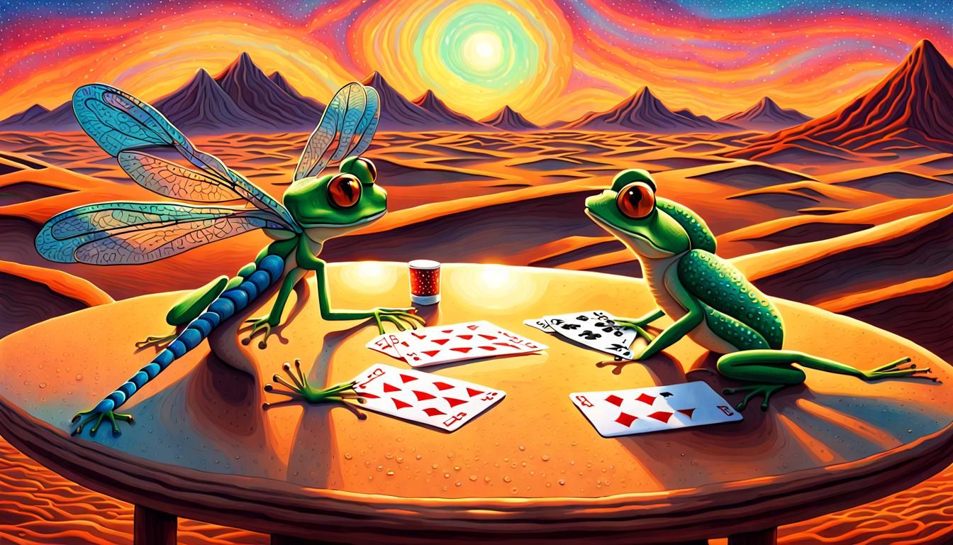 Dragonfly and Frog Card Game in Surreal Desert