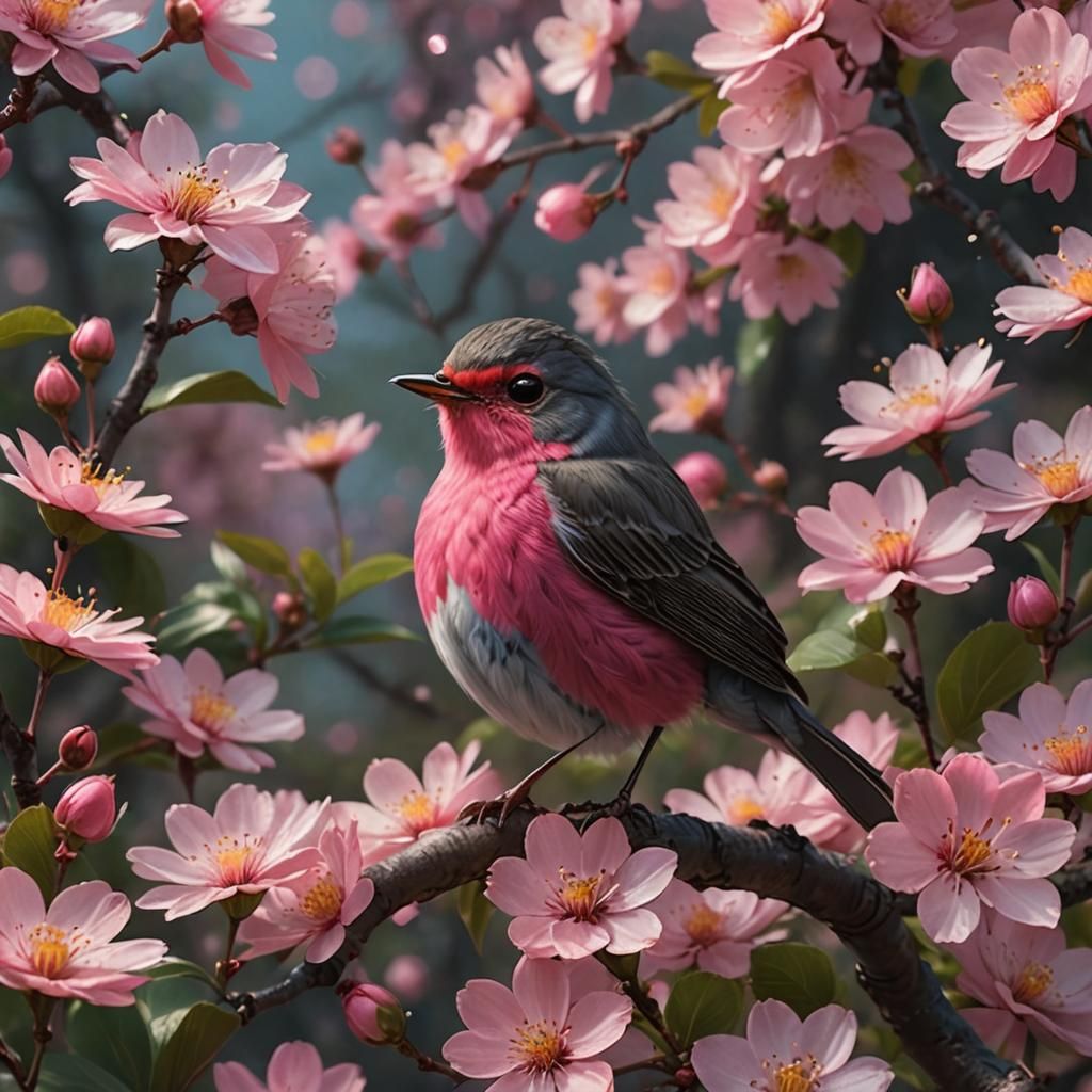 Hot-Pink Robin in a Pastel Cherry Blossom Scene