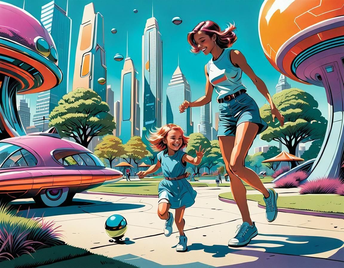Retrofuturistic Park: Teen Girl and Toddler in Comic Style