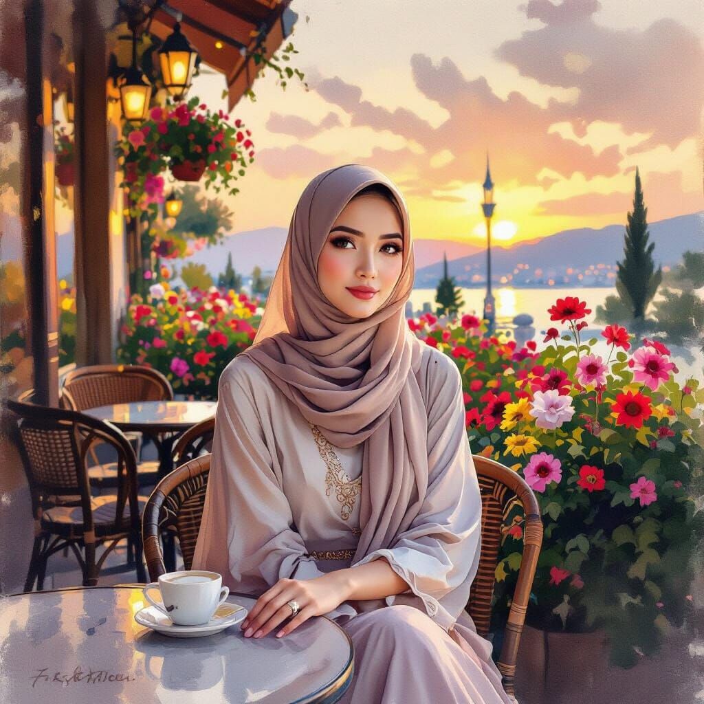 Elegant Woman in Hijab at Turkish Cafe: Watercolor Painting