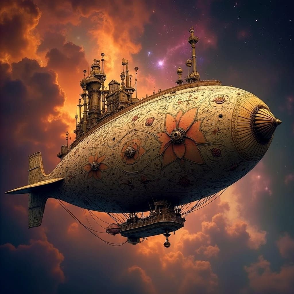 Paisley Airship Soaring Through Nebula in Art Nouveau Style