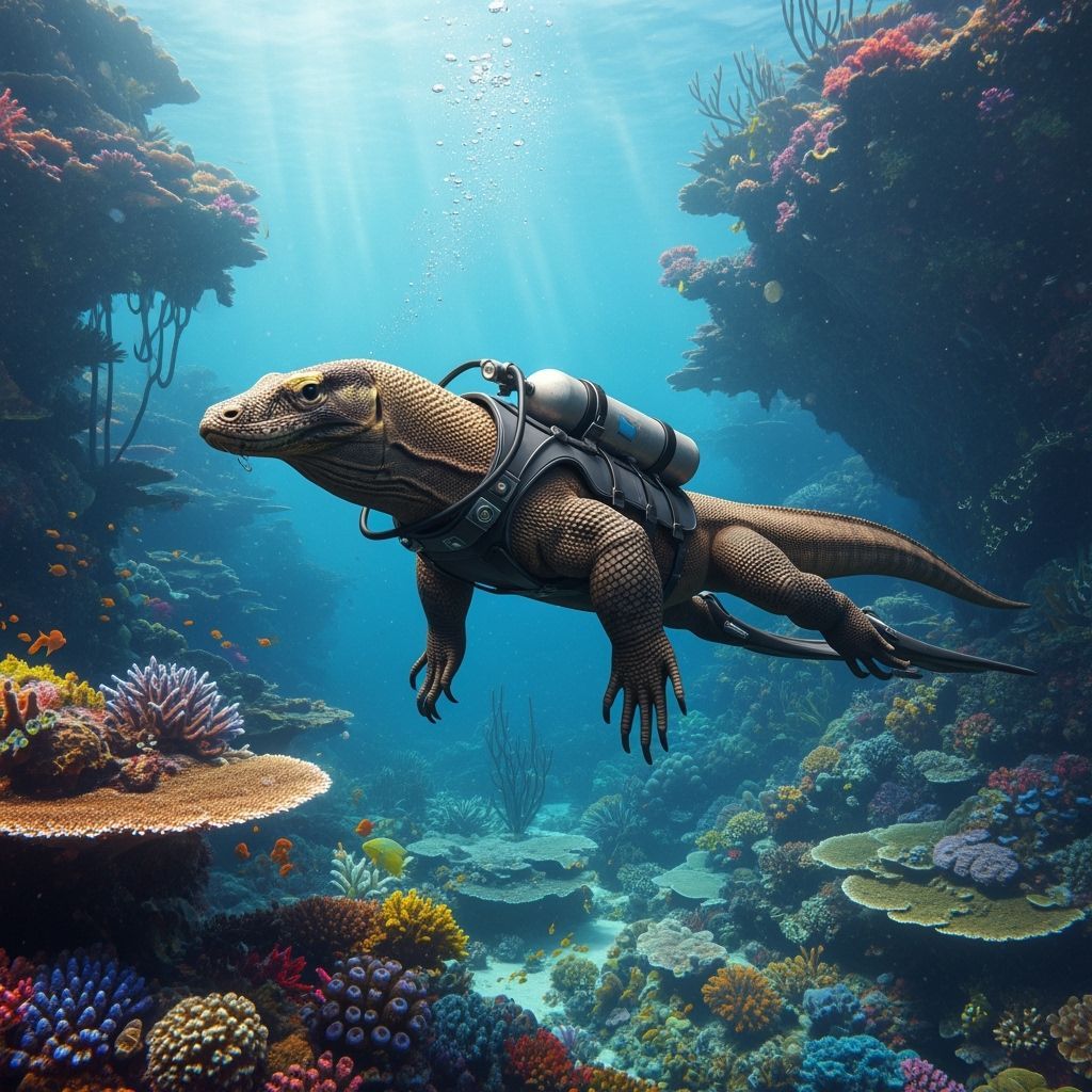 Komodo Dragon Scuba Diving in Futuristic Coral Reef