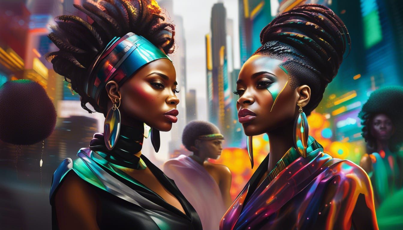 Elegant Women in Afrofuturistic City: Splash Art