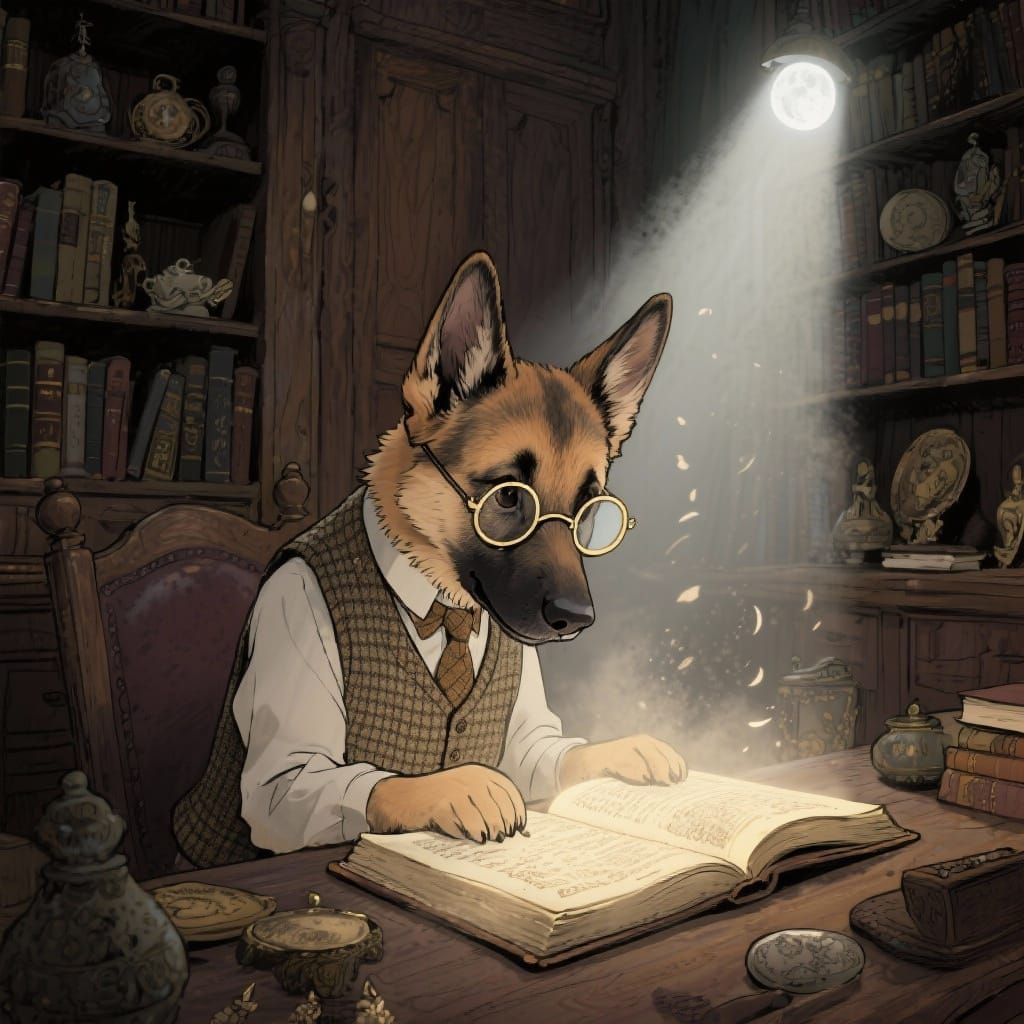 Clever Puppy Reads Ancient Book in Dim Study