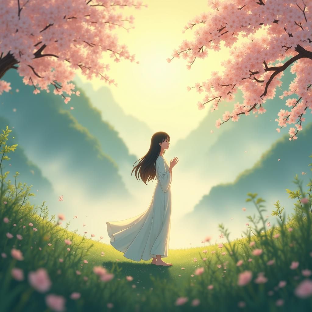 Serene Woman Praying in a Ghibli-Inspired Landscape
