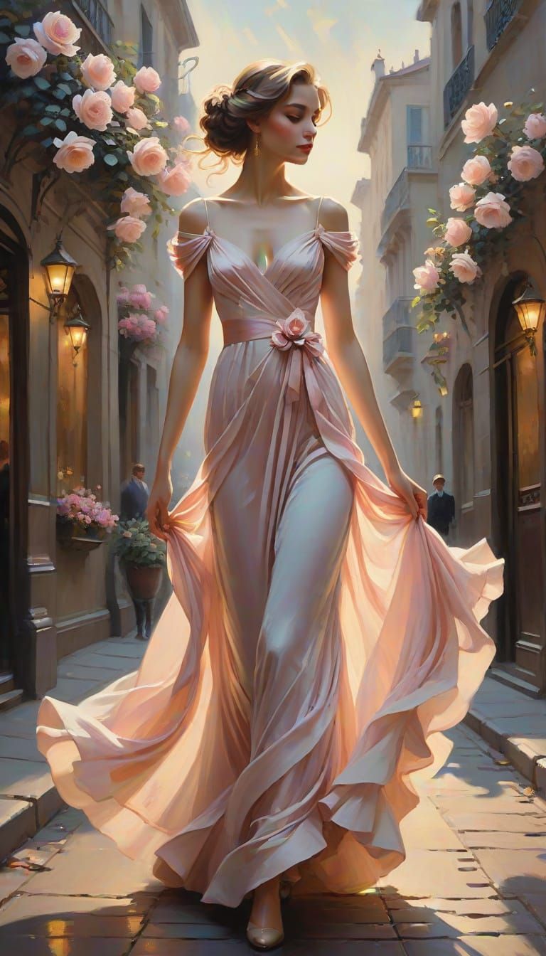 Art Nouveau Oil Painting of a Rose-Inspired Woman