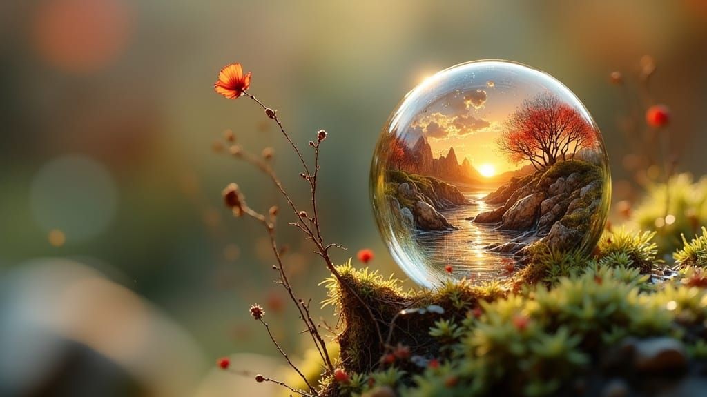 Macro View: Water Droplet Reflecting Forest Landscape on Map...