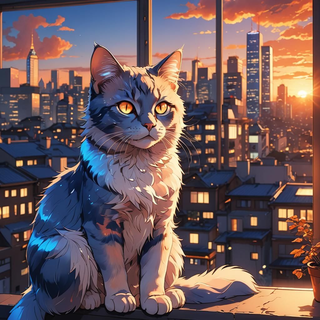 Sapphire Cat Overlooking Sunset Cityscape in Anime Style
