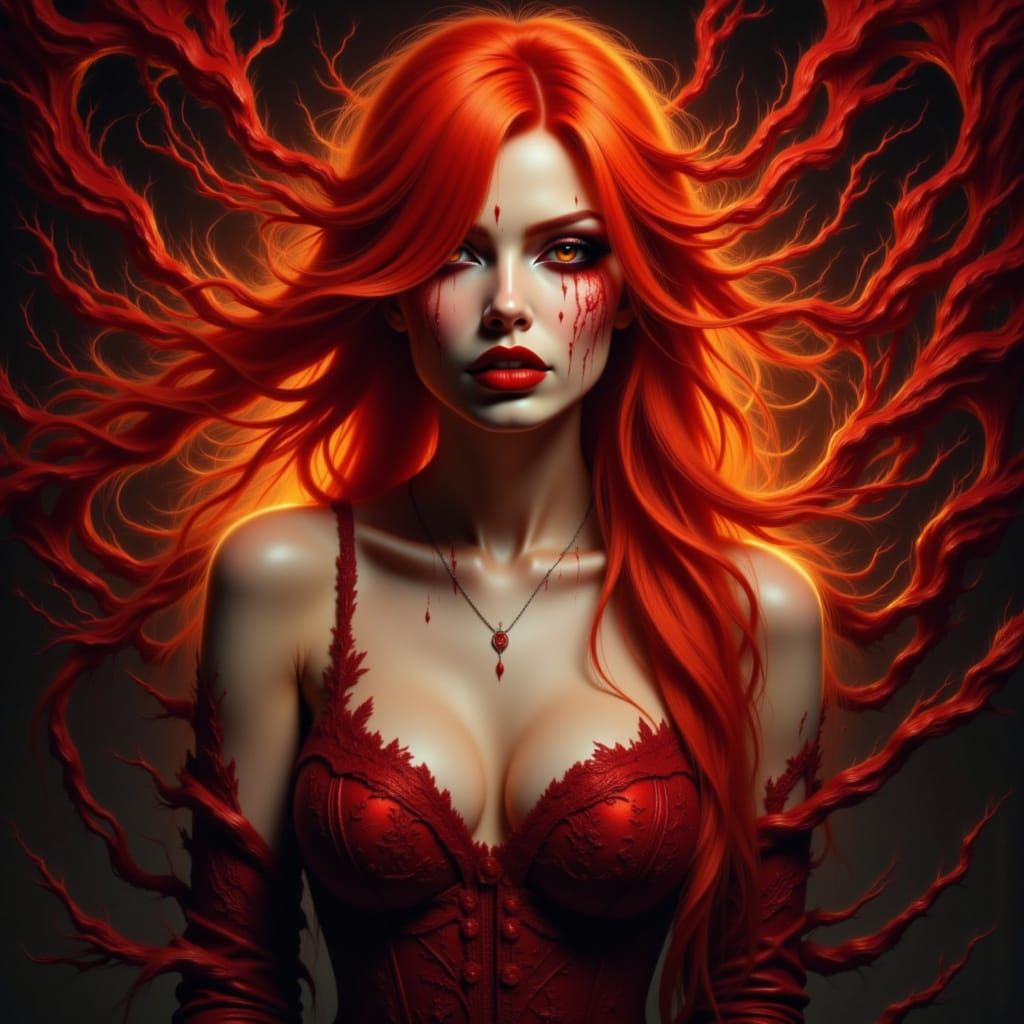 Distressed Woman with Fiery Red Hair in Gothic Style