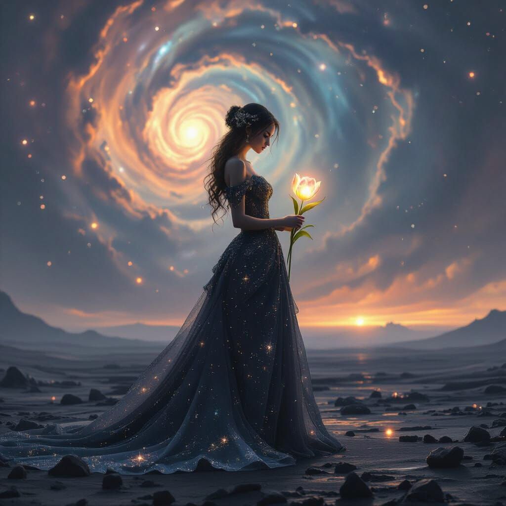 Solitary Woman Amidst Cosmic Nebula in Dark Fantasy Gown