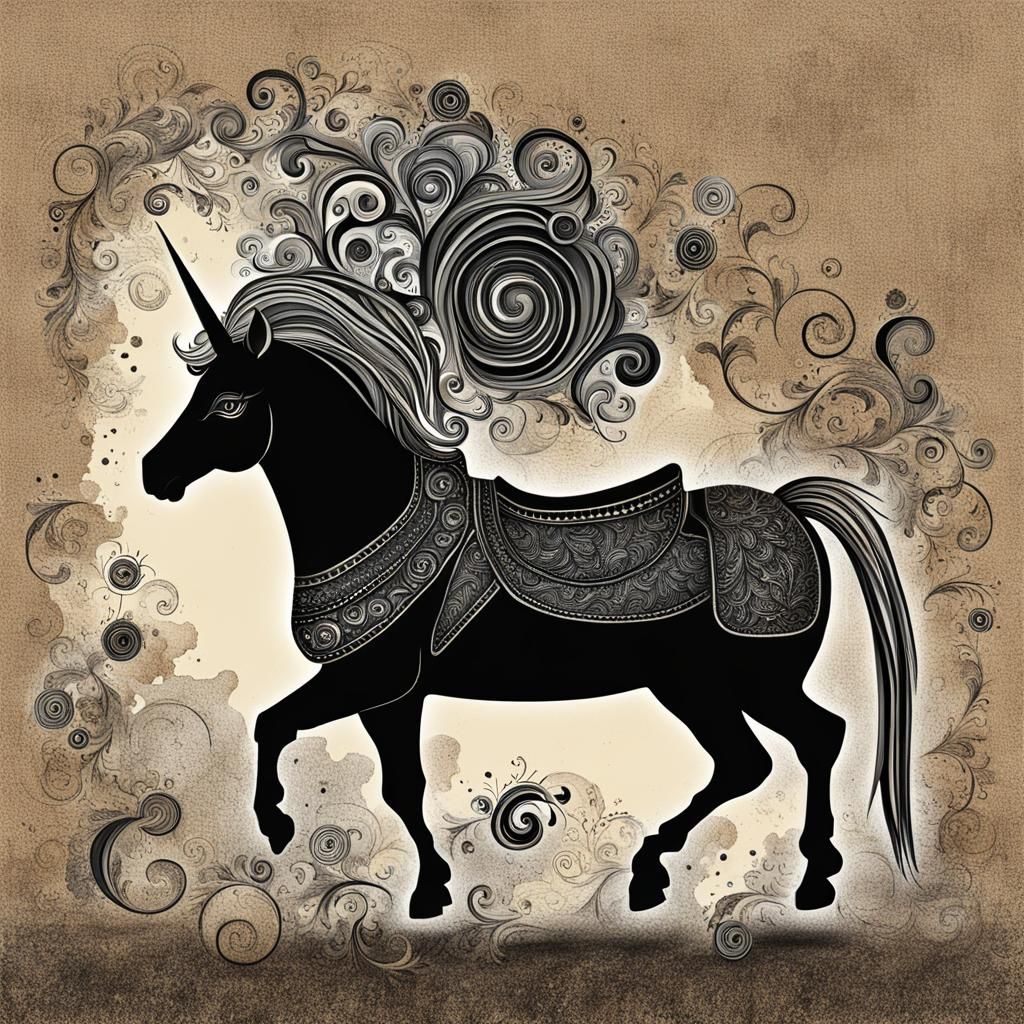 Mini Black Unicorn with Saddle in Abstract Art