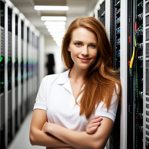 Attractive Female Technician Working in Data Center