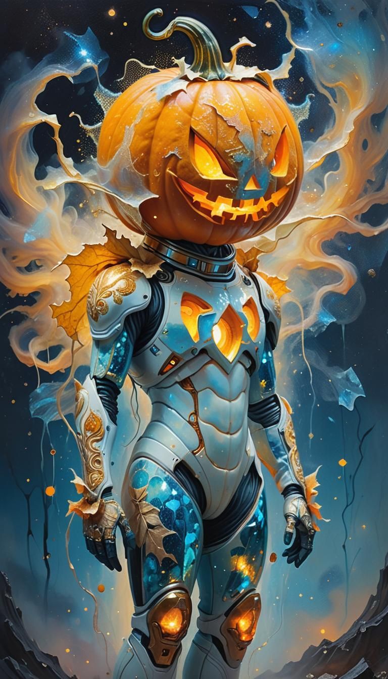 Glowing Pumpkin Creature in Spacesuit, Surreal Oil Painting