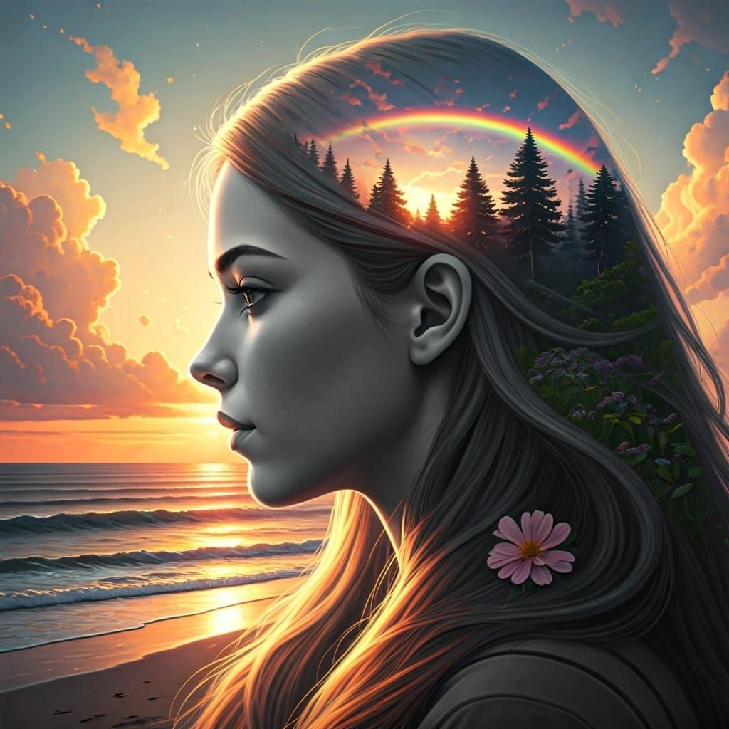 Woman's Profile Merging with Landscape, Dreamy Soft-Focus