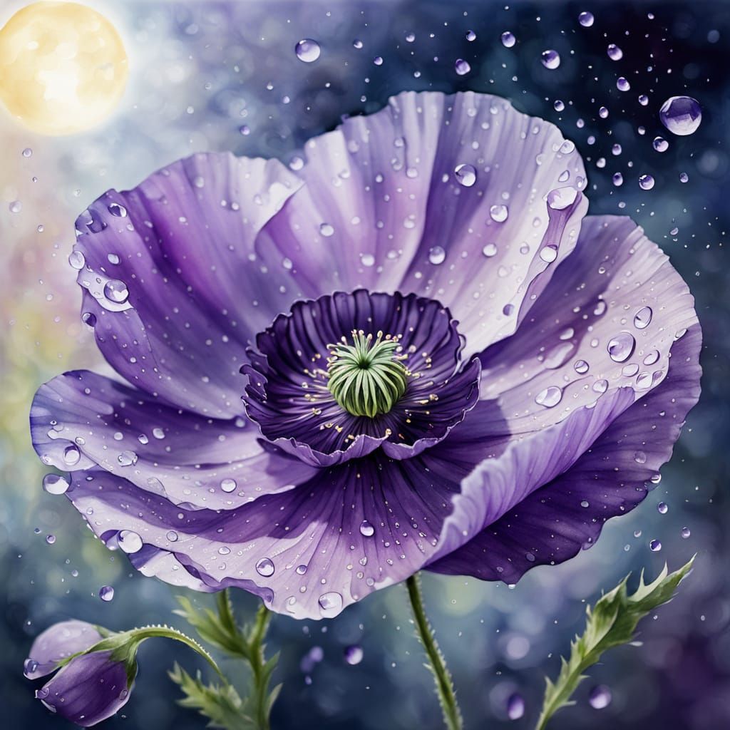 Ethereal Watercolor Poppy with Dew Drops